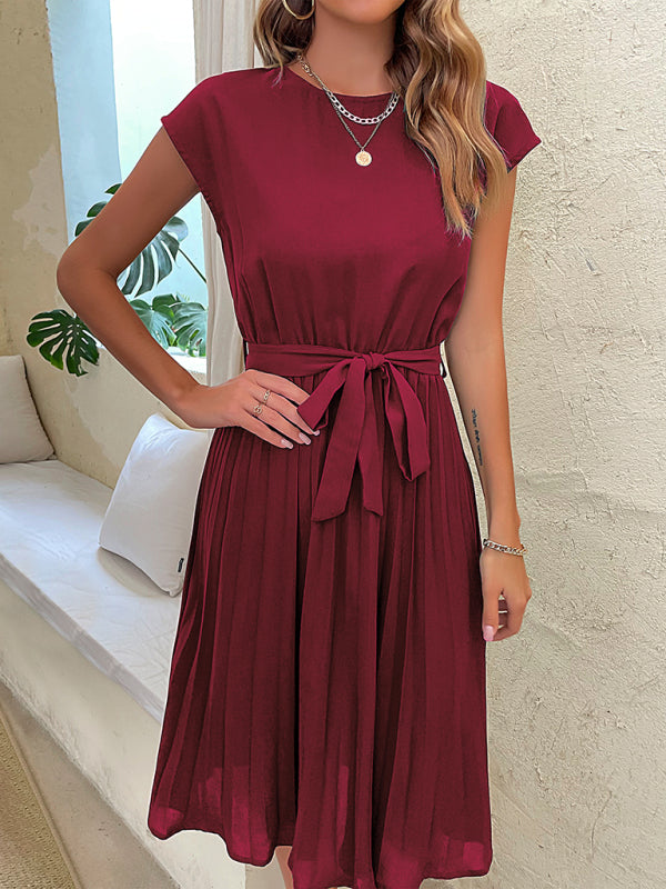 Dress- Solid Pleated Short Sleeve Tie-Waist A-Line Midi Dress- Wine Red- IndioGear Fashion and Gear