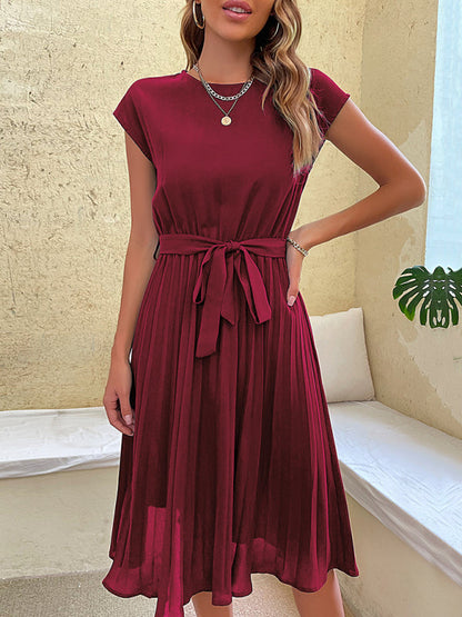 Dress- Solid Pleated Short Sleeve Tie-Waist A-Line Midi Dress- - IndioGear Fashion and Gear