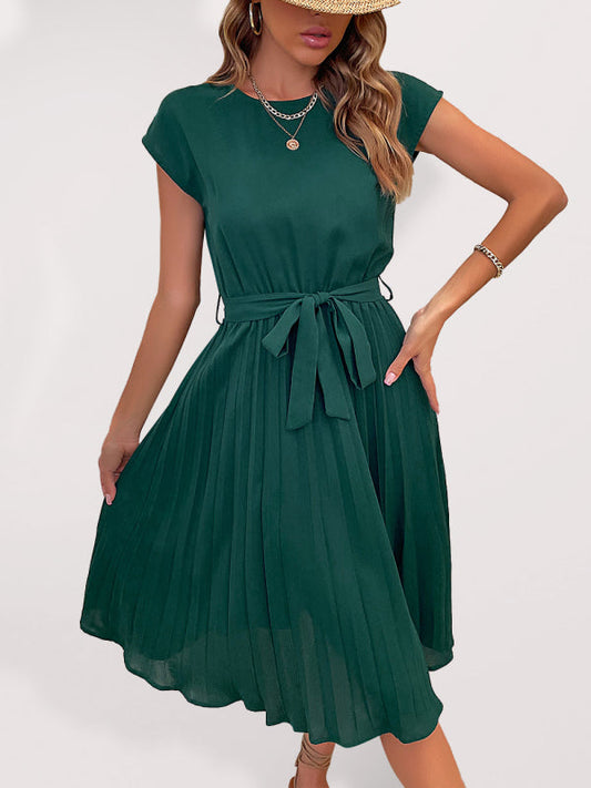 Dress- Solid Pleated Short Sleeve Tie-Waist A-Line Midi Dress- Dark green- IndioGear Fashion and Gear