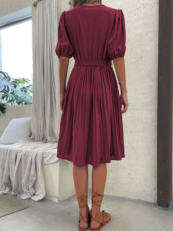 Dress- Solid Pleated Surplice V Neck Belt-Tie Dress- - IndioGear Fashion and Gear