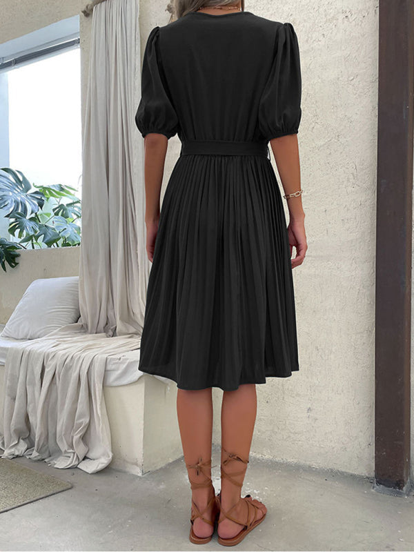 Dress- Solid Pleated Surplice V Neck Belt-Tie Dress- - IndioGear Fashion and Gear