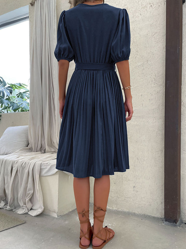 Dress- Solid Pleated Surplice V Neck Belt-Tie Dress- - IndioGear Fashion and Gear