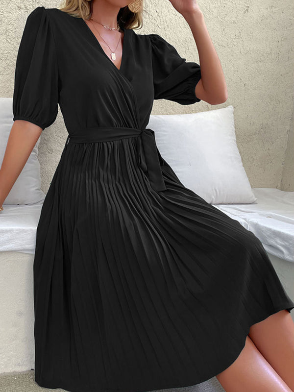 Dress- Solid Pleated Surplice V Neck Belt-Tie Dress- - IndioGear Fashion and Gear