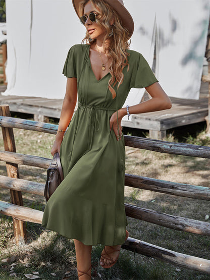 Dress- Solid Ruffle Hem Tie-Waist V-Neck Midi Dress- Olive green- IndioGear Fashion and Gear