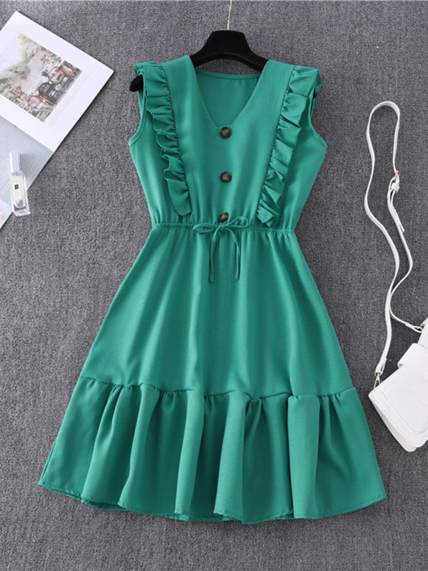 Dress- Solid Ruffle Waist Tie Tank Mini Dress- Green- IndioGear Fashion and Gear