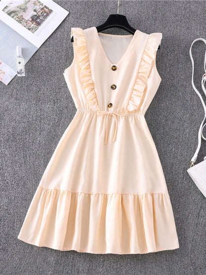 Dress- Solid Ruffle Waist Tie Tank Mini Dress- Cream- IndioGear Fashion and Gear