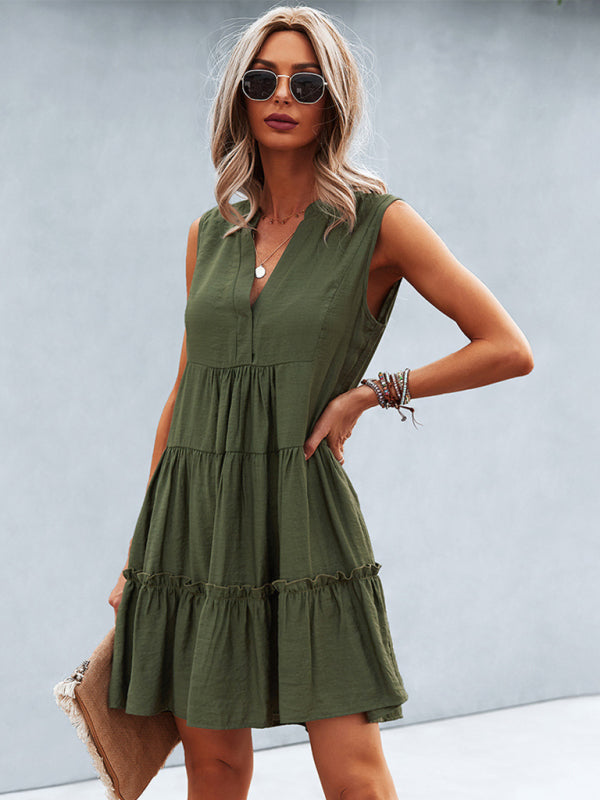 Dress- Solid Sleeveless Dress with Flowy Tiered Skirt and Loose Fit- Olive green- IndioGear Fashion and Gear