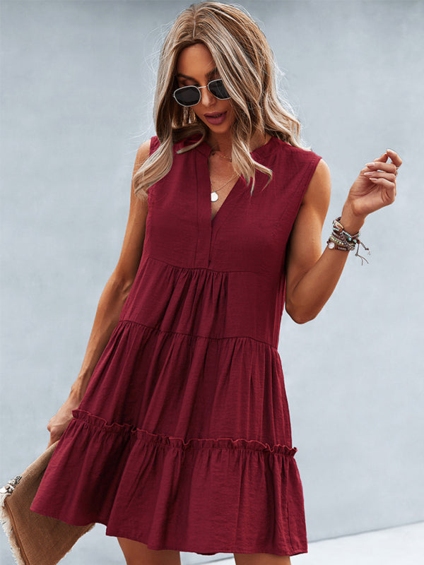 Dress- Solid Sleeveless Dress with Flowy Tiered Skirt and Loose Fit- - IndioGear Fashion and Gear