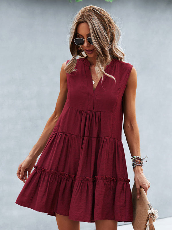 Dress- Solid Sleeveless Dress with Flowy Tiered Skirt and Loose Fit- - IndioGear Fashion and Gear