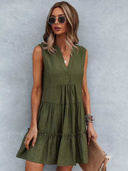 Dress- Solid Sleeveless Dress with Flowy Tiered Skirt and Loose Fit- - IndioGear Fashion and Gear