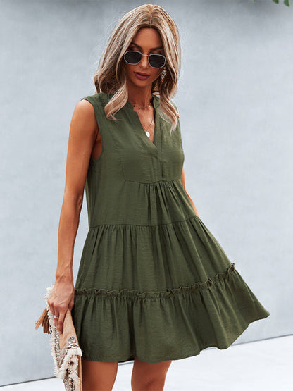 Dress- Solid Sleeveless Dress with Flowy Tiered Skirt and Loose Fit- - IndioGear Fashion and Gear