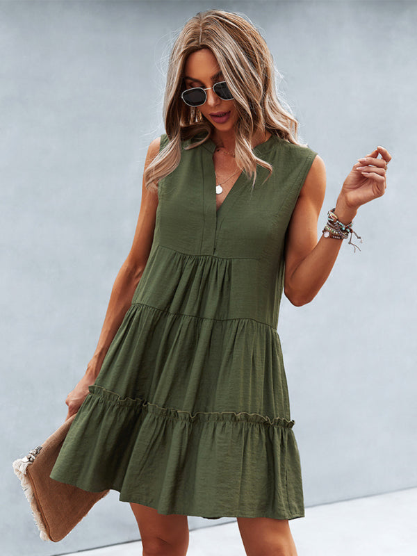 Dress- Solid Sleeveless Dress with Flowy Tiered Skirt and Loose Fit- - IndioGear Fashion and Gear