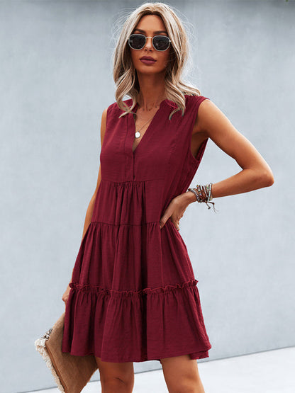 Dress- Solid Sleeveless Dress with Flowy Tiered Skirt and Loose Fit- - IndioGear Fashion and Gear