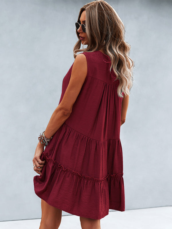 Dress- Solid Sleeveless Dress with Flowy Tiered Skirt and Loose Fit- - IndioGear Fashion and Gear