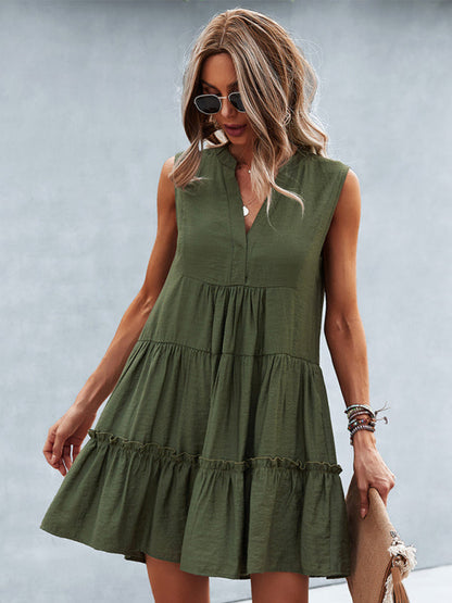 Dress- Solid Sleeveless Dress with Flowy Tiered Skirt and Loose Fit- - IndioGear Fashion and Gear