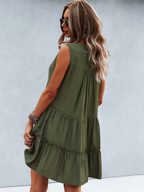 Dress- Solid Sleeveless Dress with Flowy Tiered Skirt and Loose Fit- - IndioGear Fashion and Gear