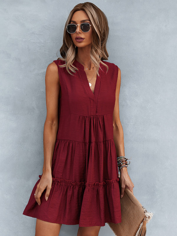 Dress- Solid Sleeveless Dress with Flowy Tiered Skirt and Loose Fit- Wine Red- IndioGear Fashion and Gear