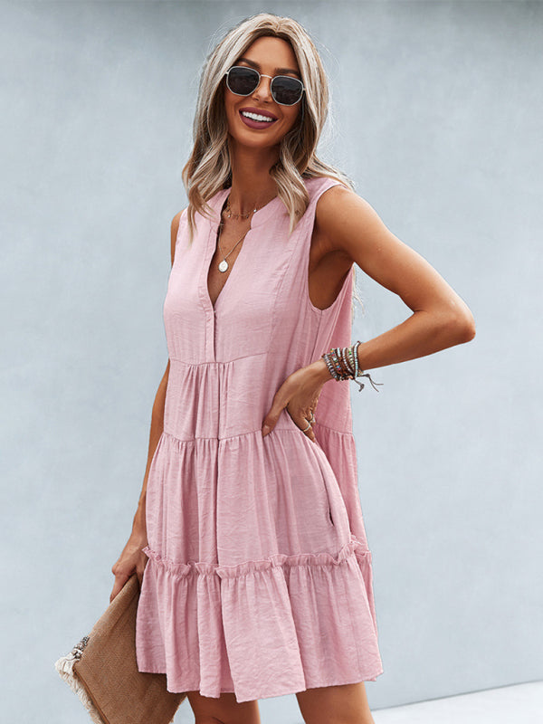 Dress- Solid Sleeveless Dress with Flowy Tiered Skirt and Loose Fit- - IndioGear Fashion and Gear