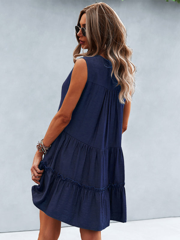 Dress- Solid Sleeveless Dress with Flowy Tiered Skirt and Loose Fit- - IndioGear Fashion and Gear