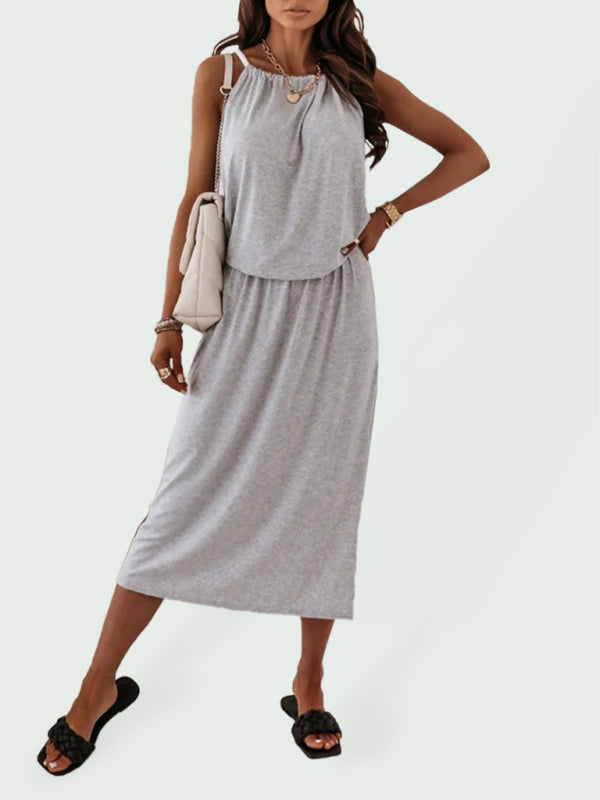 Dress- Solid Sporty Blouson Cami Midi Dress with Slits- Grey- IndioGear Fashion and Gear