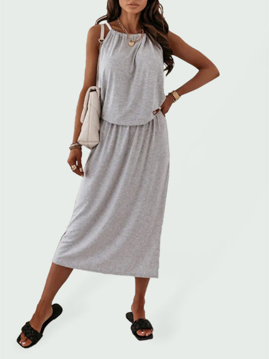 Dress- Solid Sporty Blouson Cami Midi Dress with Slits- Grey- IndioGear Fashion and Gear