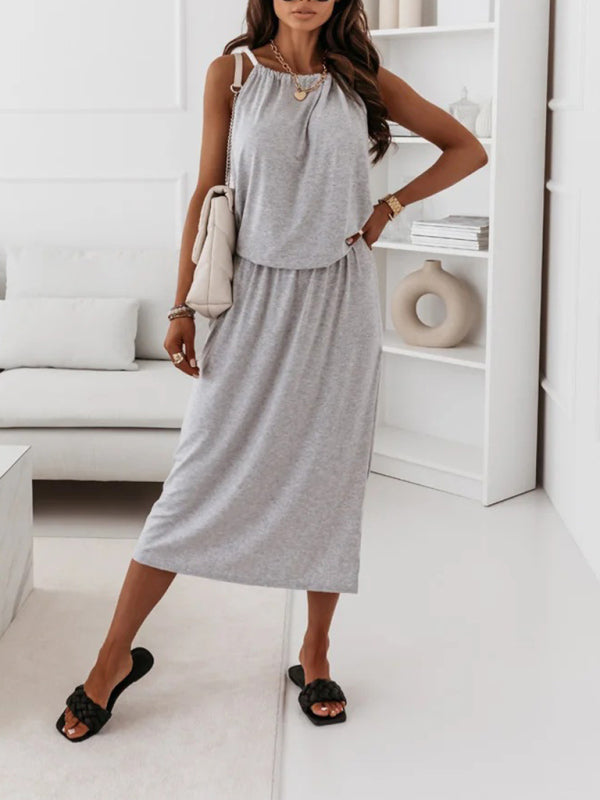 Dress- Solid Sporty Blouson Cami Midi Dress with Slits- - IndioGear Fashion and Gear