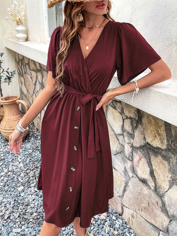 Dress- Solid Surplice V-Neck Buttoned Tie-Waist Dress- - IndioGear Fashion and Gear