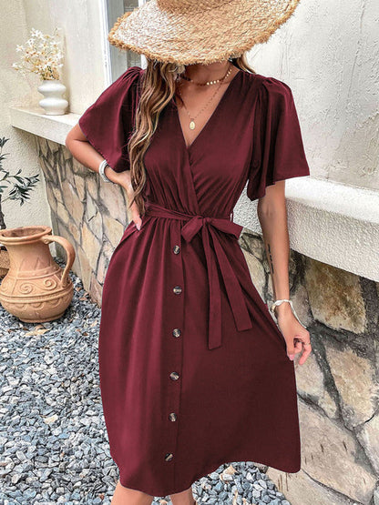 Dress- Solid Surplice V-Neck Buttoned Tie-Waist Dress- - IndioGear Fashion and Gear