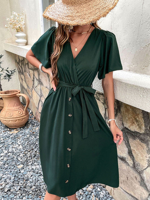 Dress- Solid Surplice V-Neck Buttoned Tie-Waist Dress- - IndioGear Fashion and Gear