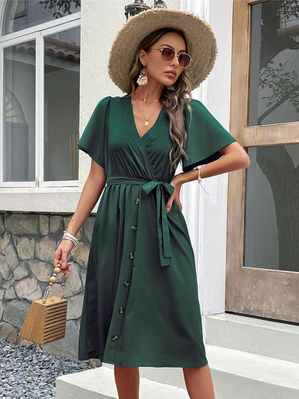 Dress- Solid Surplice V-Neck Buttoned Tie-Waist Dress- - IndioGear Fashion and Gear