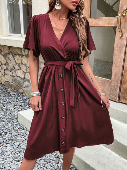 Dress- Solid Surplice V-Neck Buttoned Tie-Waist Dress- Wine Red- IndioGear Fashion and Gear