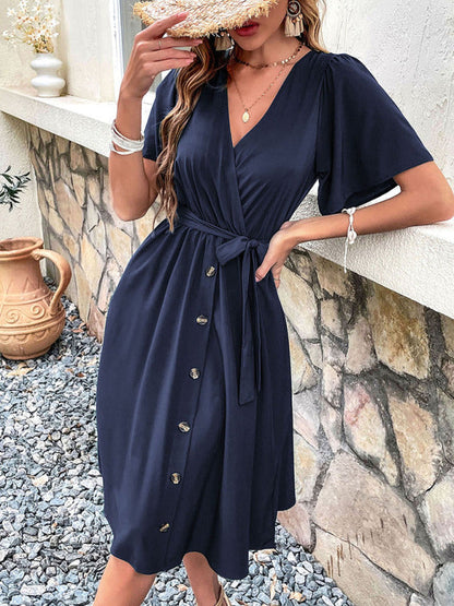 Dress- Solid Surplice V-Neck Buttoned Tie-Waist Dress- - IndioGear Fashion and Gear