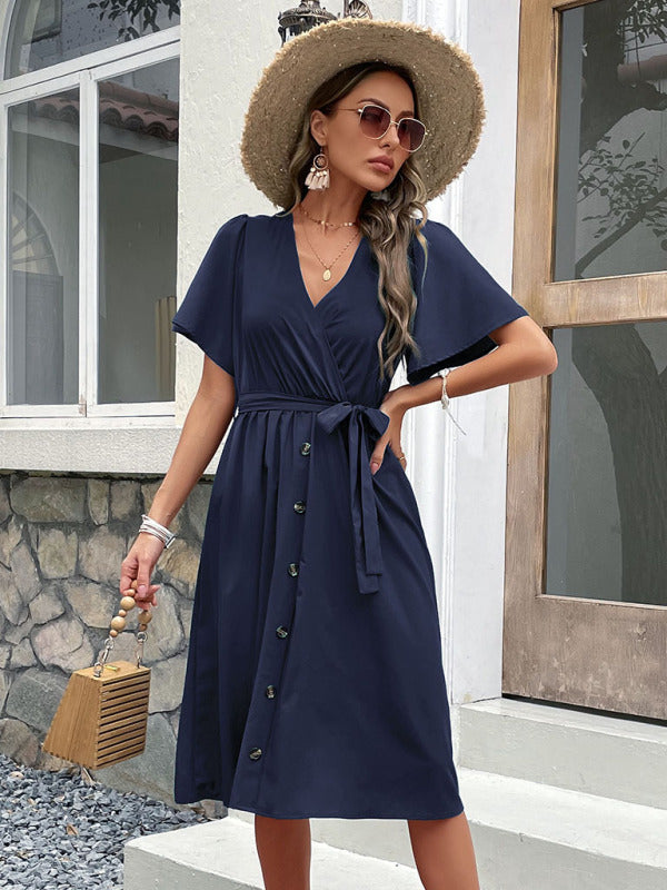 Dress- Solid Surplice V-Neck Buttoned Tie-Waist Dress- - IndioGear Fashion and Gear