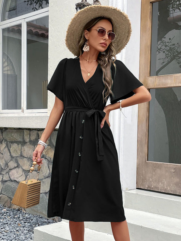 Dress- Solid Surplice V-Neck Buttoned Tie-Waist Dress- - IndioGear Fashion and Gear