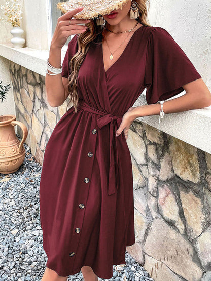 Dress- Solid Surplice V-Neck Buttoned Tie-Waist Dress- - IndioGear Fashion and Gear