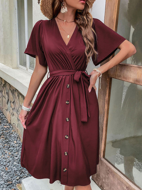 Dress- Solid Surplice V-Neck Buttoned Tie-Waist Dress- - IndioGear Fashion and Gear