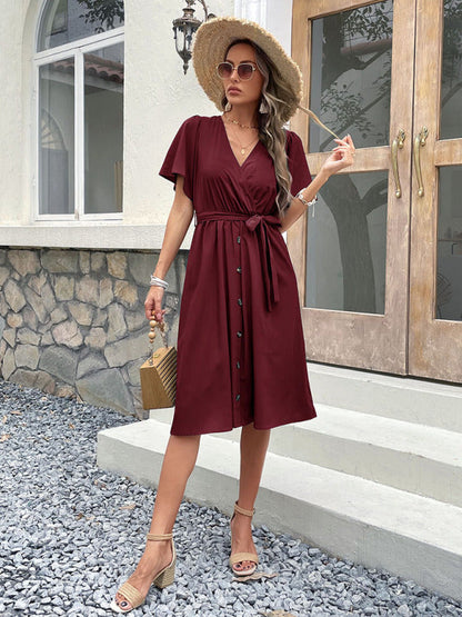 Dress- Solid Surplice V-Neck Buttoned Tie-Waist Dress- - IndioGear Fashion and Gear