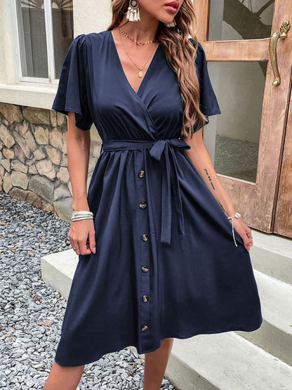 Dress- Solid Surplice V-Neck Buttoned Tie-Waist Dress- - IndioGear Fashion and Gear