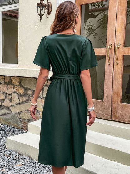 Dress- Solid Surplice V-Neck Buttoned Tie-Waist Dress- - IndioGear Fashion and Gear