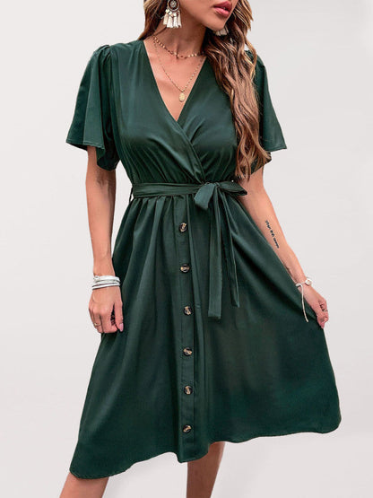 Dress- Solid Surplice V-Neck Buttoned Tie-Waist Dress- Green black jasper- IndioGear Fashion and Gear