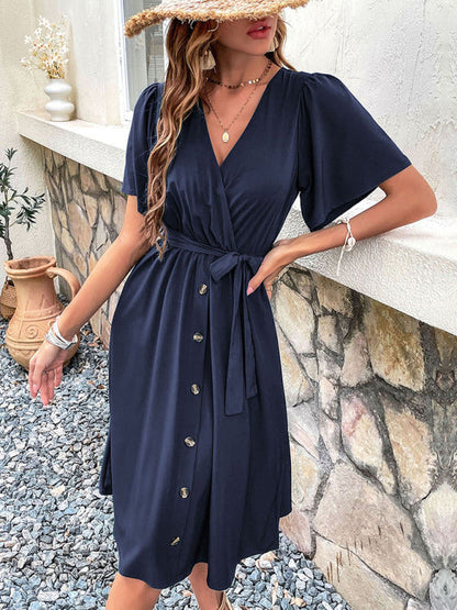 Dress- Solid Surplice V-Neck Buttoned Tie-Waist Dress- - IndioGear Fashion and Gear