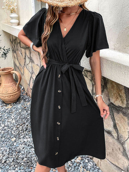 Dress- Solid Surplice V-Neck Buttoned Tie-Waist Dress- - IndioGear Fashion and Gear