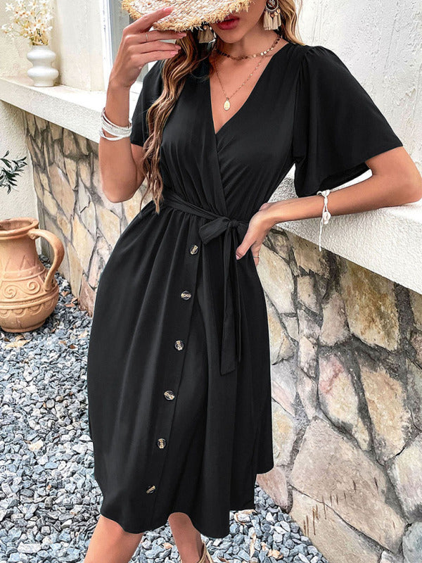 Dress- Solid Surplice V-Neck Buttoned Tie-Waist Dress- - IndioGear Fashion and Gear