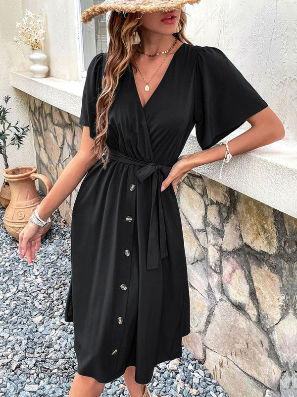 Dress- Solid Surplice V-Neck Buttoned Tie-Waist Dress- Black- IndioGear Fashion and Gear