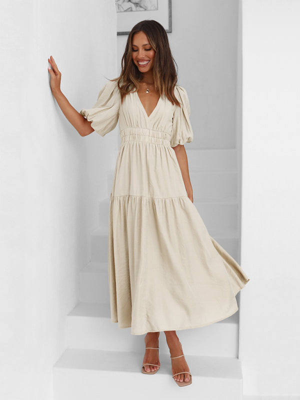 Dress- Solid Tiered Florwy Surplice V-Neck Maxi Dress with Puff Sleeves- - IndioGear Fashion and Gear