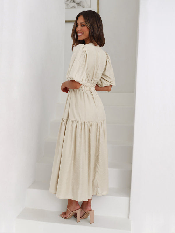 Dress- Solid Tiered Florwy Surplice V-Neck Maxi Dress with Puff Sleeves- - IndioGear Fashion and Gear