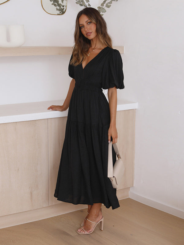 Dress- Solid Tiered Florwy Surplice V-Neck Maxi Dress with Puff Sleeves- - IndioGear Fashion and Gear