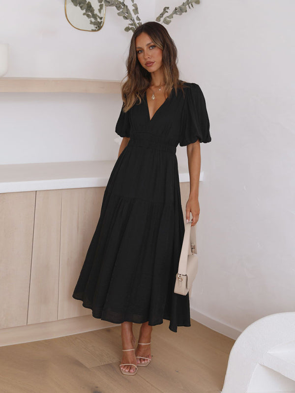 Dress- Solid Tiered Florwy Surplice V-Neck Maxi Dress with Puff Sleeves- - IndioGear Fashion and Gear