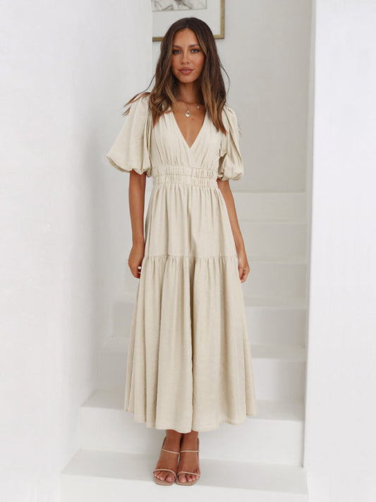 Dress- Solid Tiered Florwy Surplice V-Neck Maxi Dress with Puff Sleeves- Beige Khaki- IndioGear Fashion and Gear