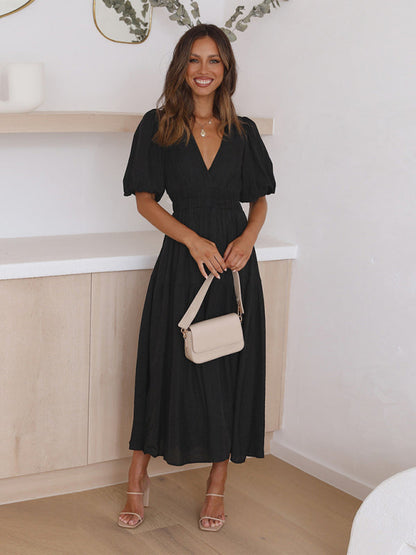 Dress- Solid Tiered Florwy Surplice V-Neck Maxi Dress with Puff Sleeves- Black- IndioGear Fashion and Gear